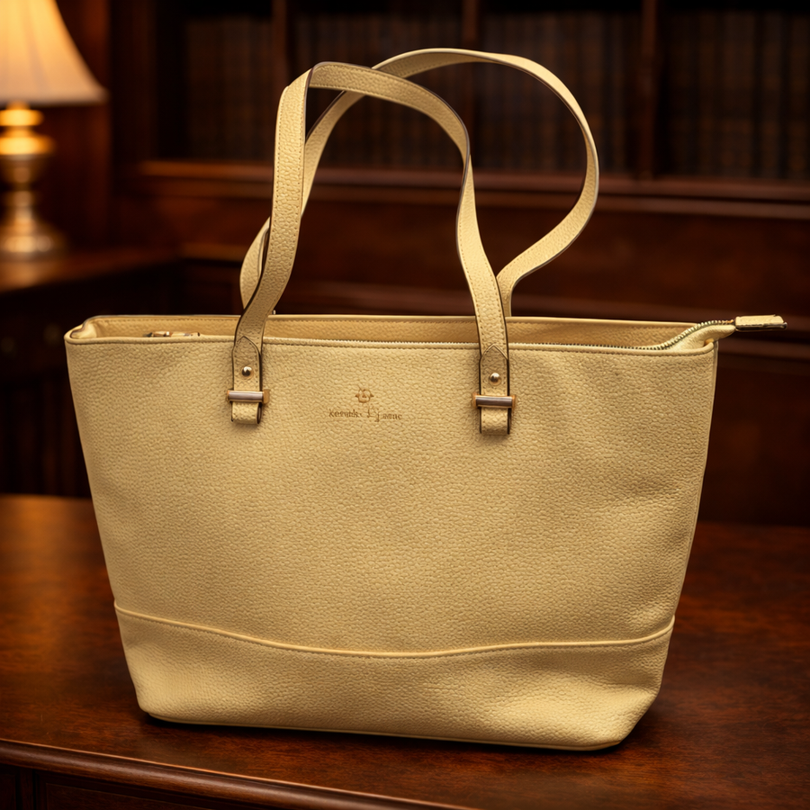 Butter yellow pebbled faux leather tote with dual shoulder straps