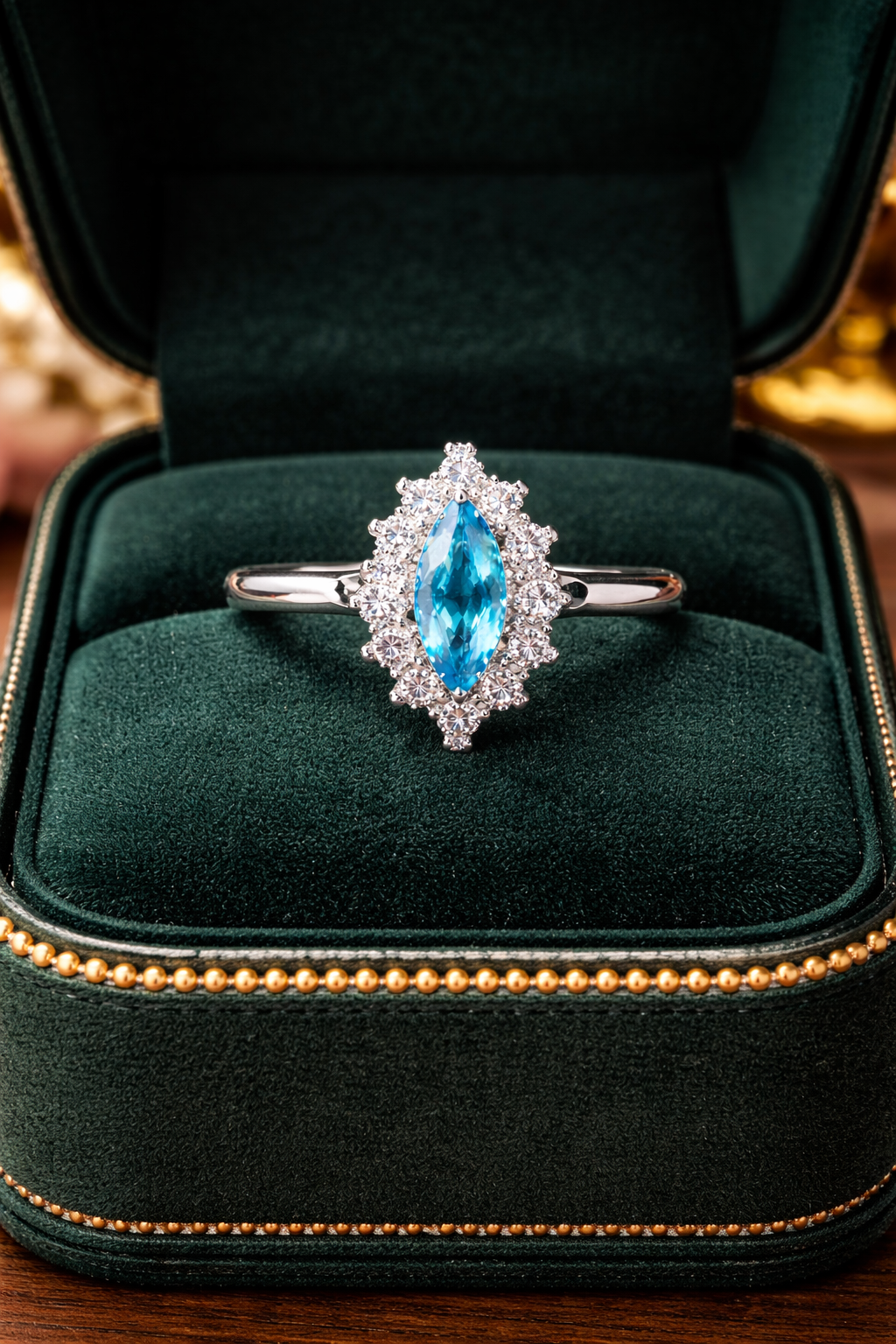 Sterling Silver 925 Blue Topaz Ring Marquise Cut Halo CZ Accents Size 7