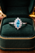 Sterling Silver 925 Blue Topaz Ring Marquise Cut Halo CZ Accents Size 7