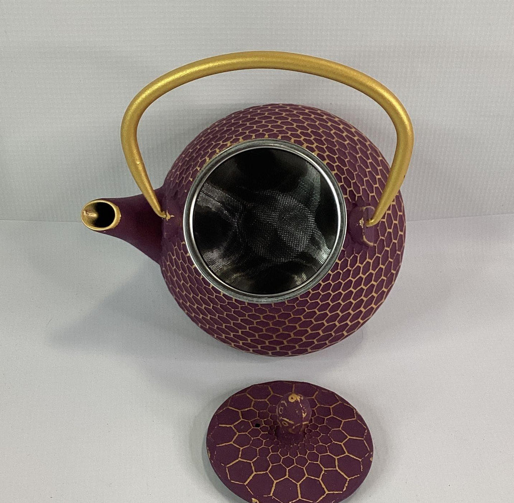 CONTEMPORARY Gracious Home Kitchen Purple Gold Honeycomb Cast Iron Mini Teapot with Infuser