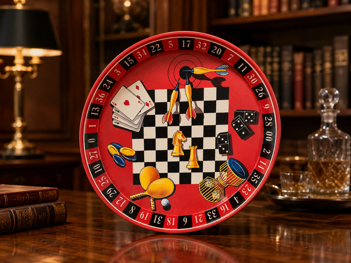 Round metal serving tray with roulette wheel, playing cards, chips, dice and cocktails