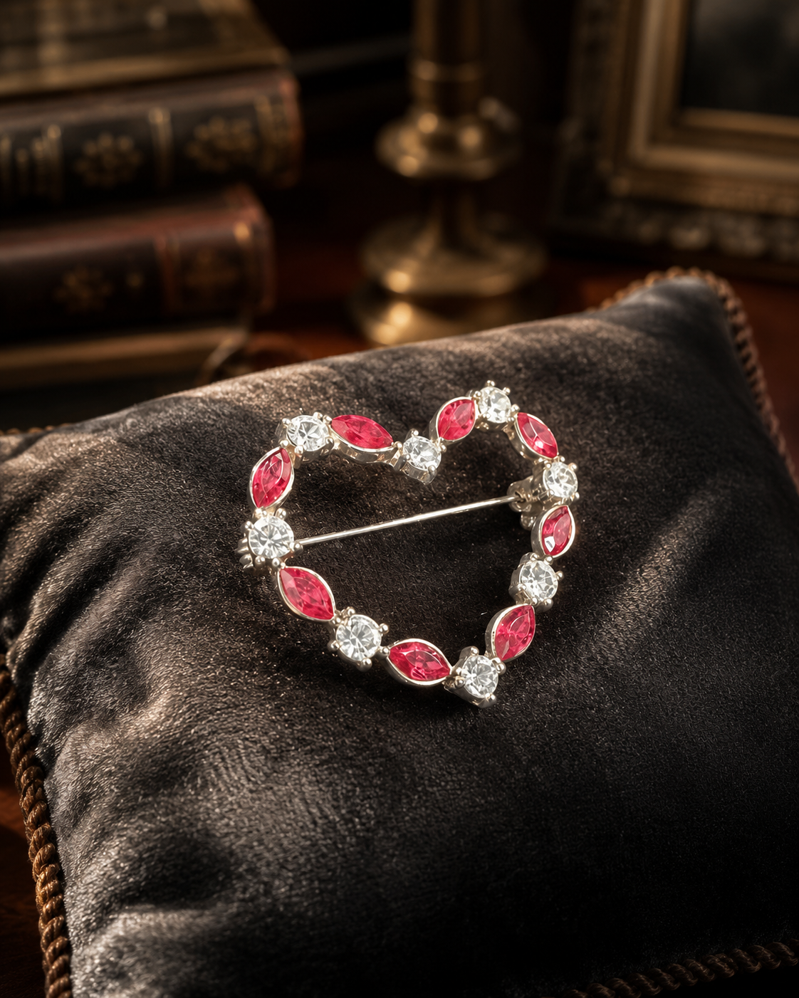 Silver-tone heart brooch with pink marquise crystals and clear rhinestones