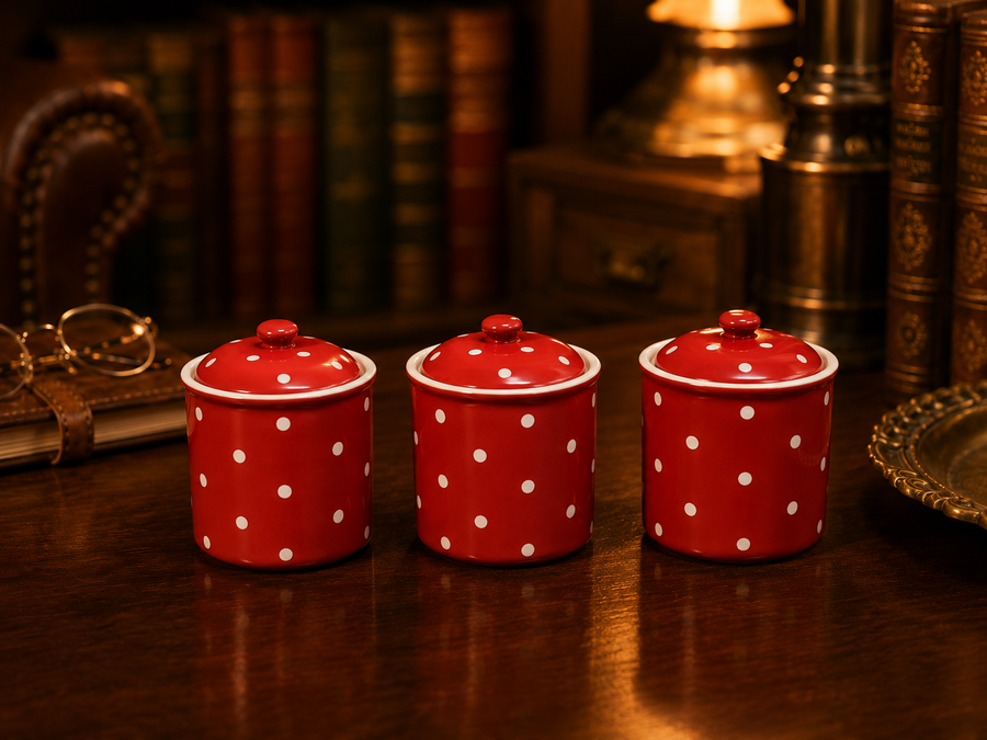 Three graduated red ceramic canisters with white polka dots and lids