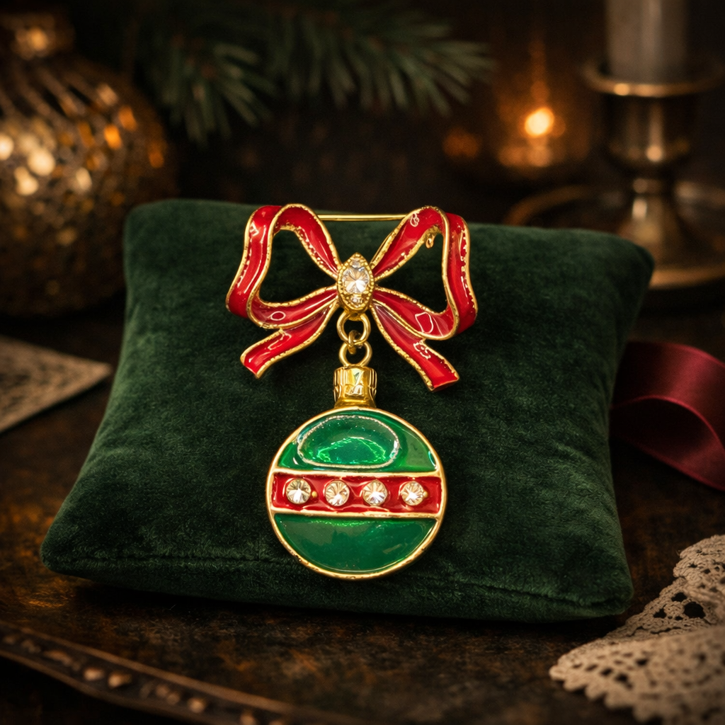 Christmas ornament brooch with red enamel bow and green ornament with rhinestone band