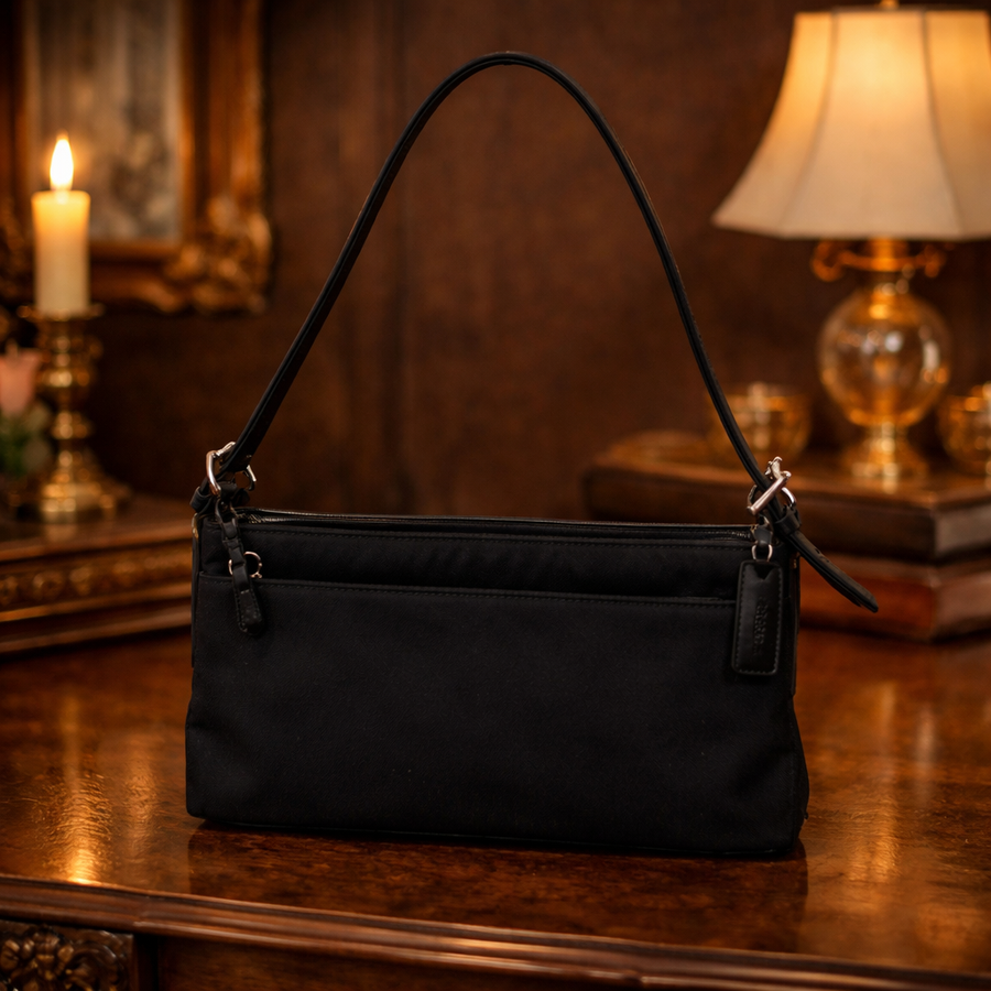 Coach black nylon baguette shoulder bag with silver-tone hardware