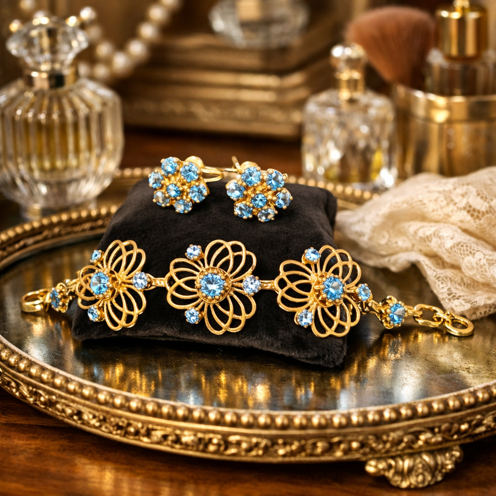 Vintage BSK Gold Tone Blue Rhinestone Bracelet and Clip Earrings Set | Floral Filigree Jewelry