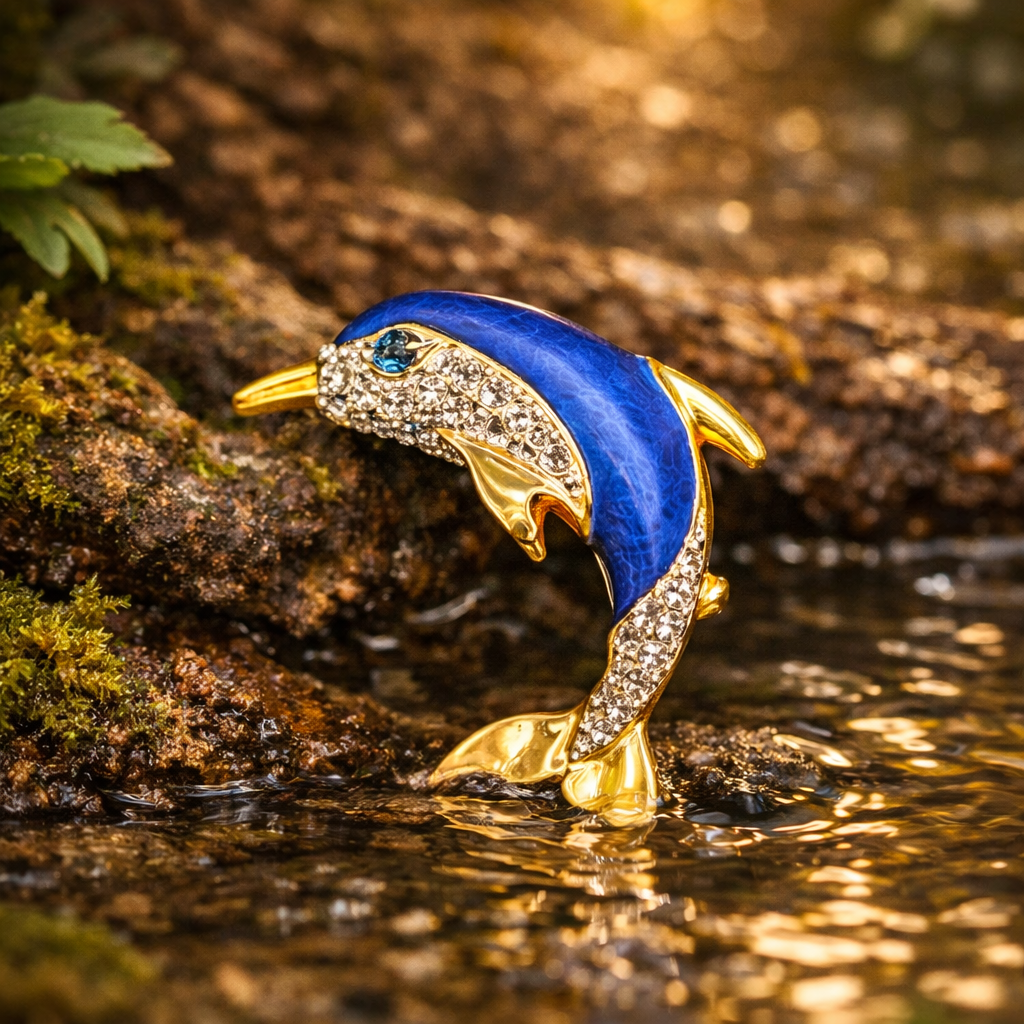Gold Tone Blue Enamel Dolphin Brooch With Clear Rhinestone Accents