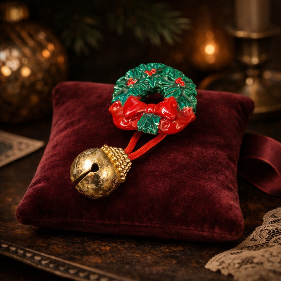 Green Christmas wreath brooch with red bow, holly berries and hanging bell charm