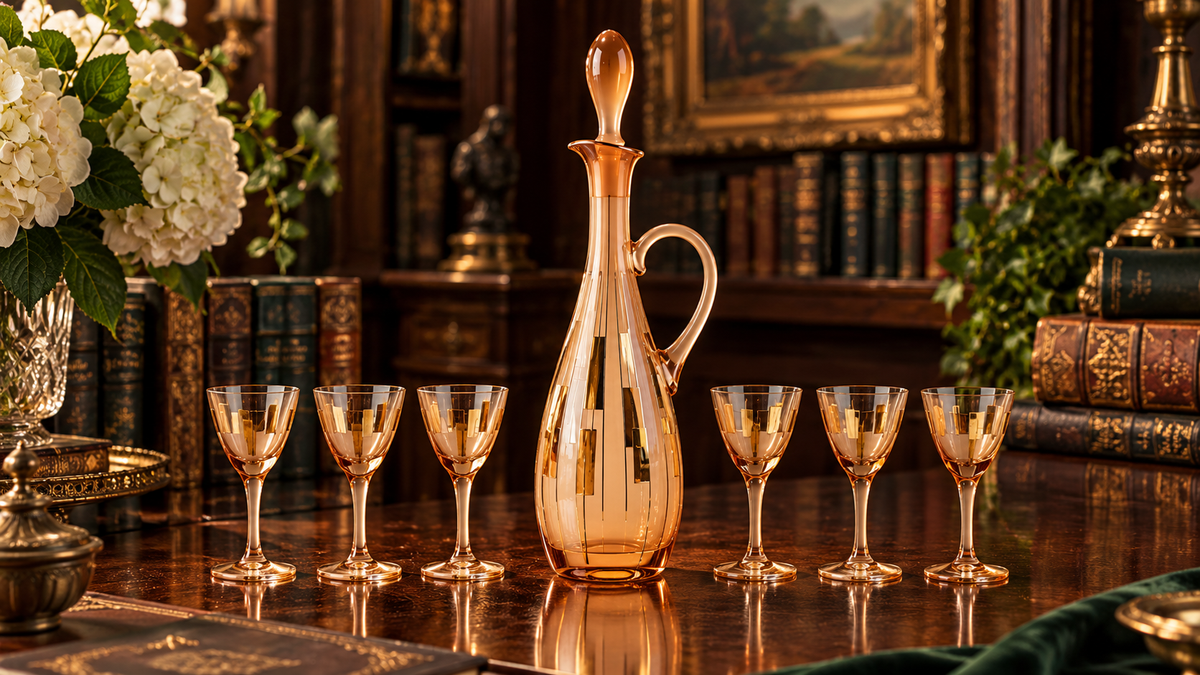 Rose-gold glass handled decanter and six cordial glasses with geometric gold-tone rectangles
