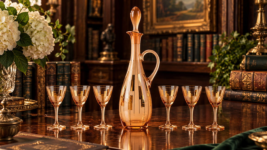 Rose-gold glass handled decanter and six cordial glasses with geometric gold-tone rectangles