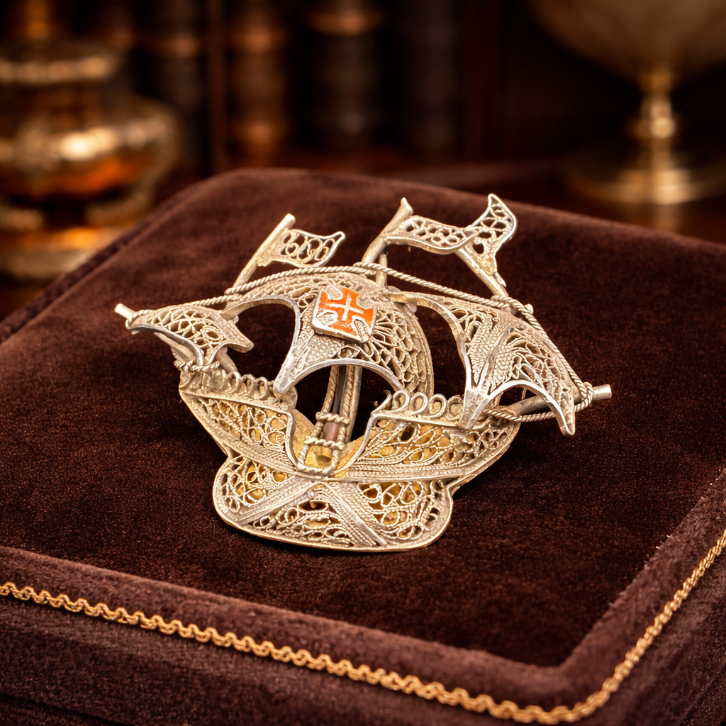 Silver-tone filigree sailing ship galleon brooch