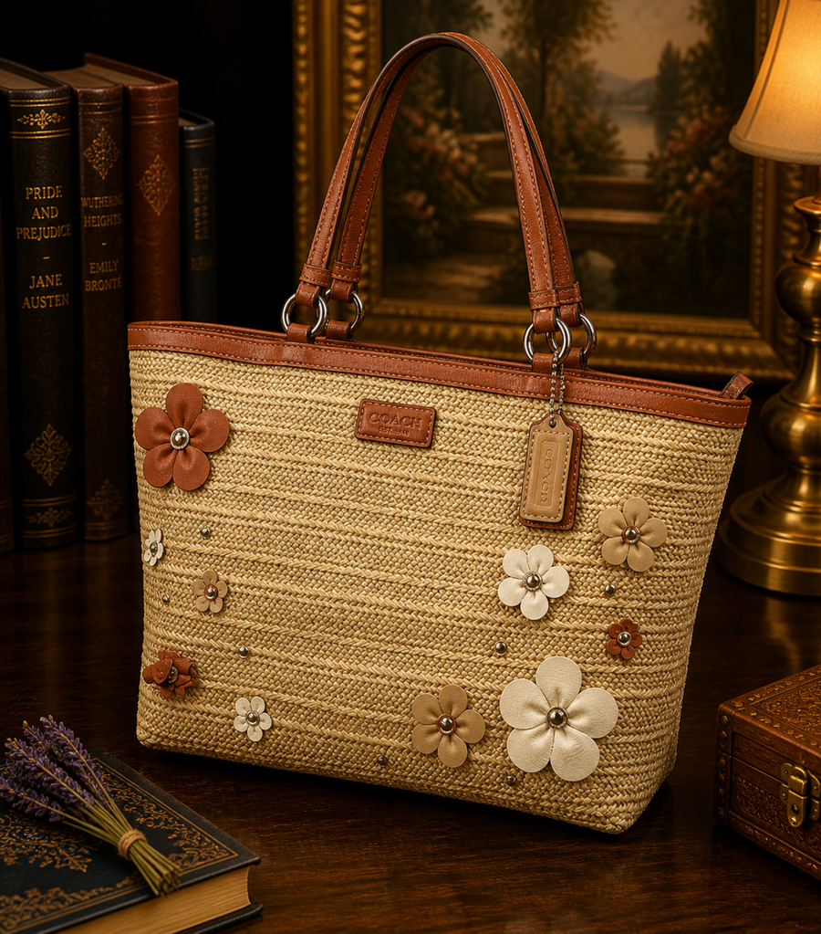 Woven straw tote with coral leather trim and dimensional floral appliqués