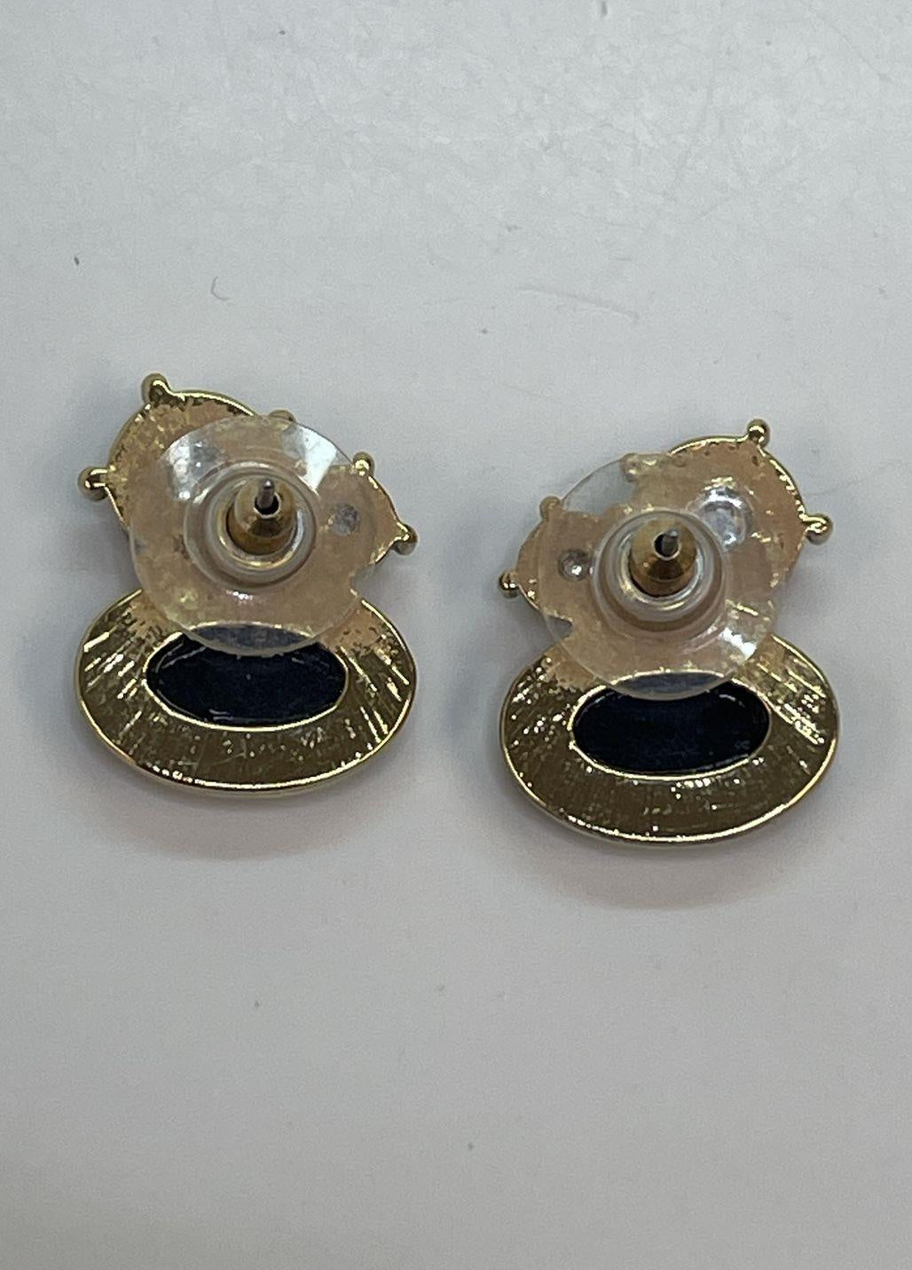 Gold-tone cluster stud earrings with black oval stones and olive green and clear accents, view 4