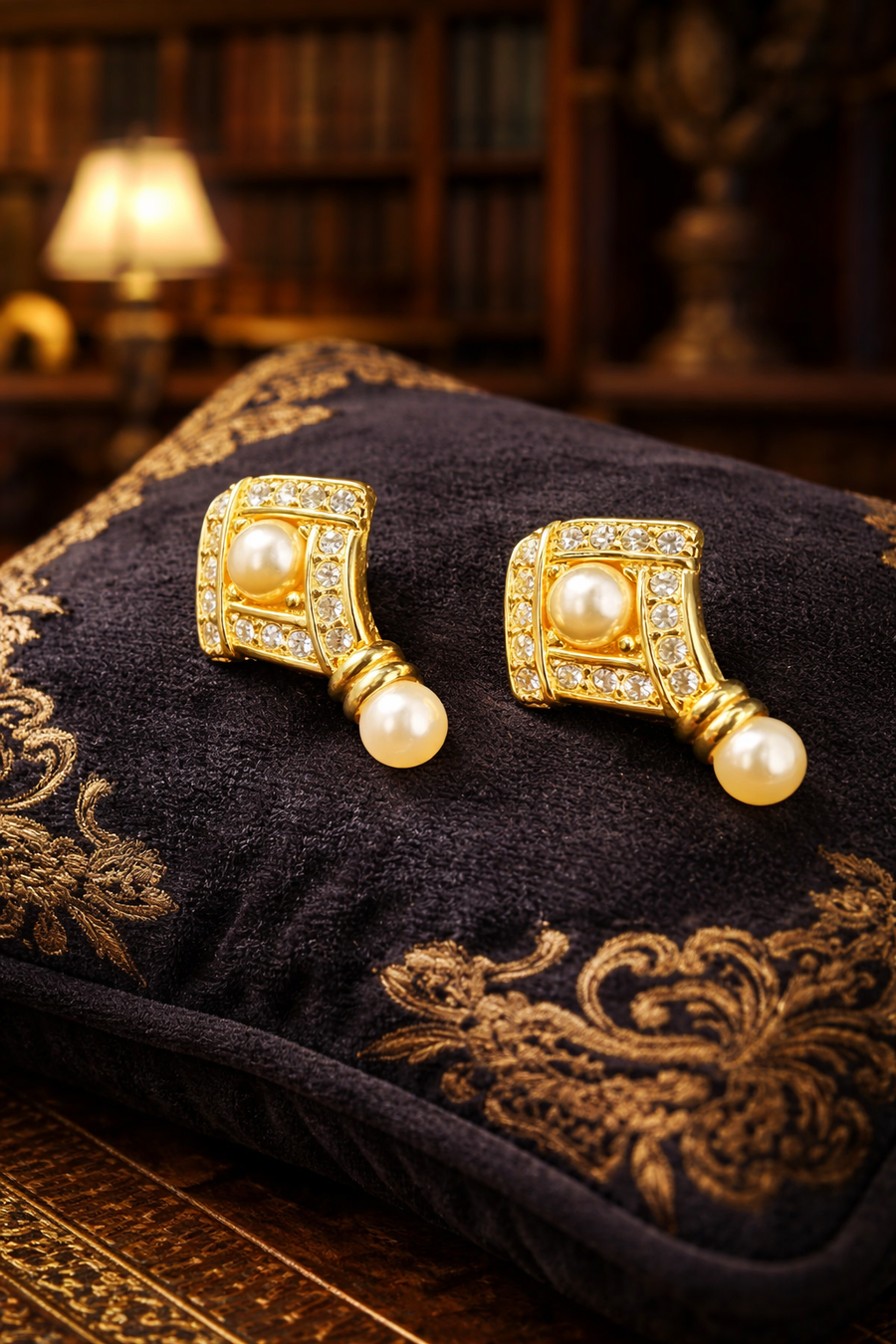Gold-tone geometric drop earrings with clear crystals, faux pearl center and faux pearl drop