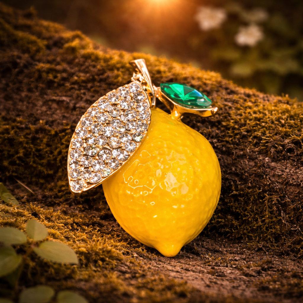 Gold-tone yellow enamel lemon brooch with pavé rhinestone leaf and green stone