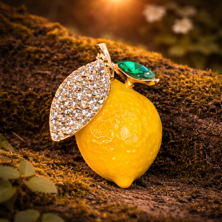 Gold-tone yellow enamel lemon brooch with pavé rhinestone leaf and green stone