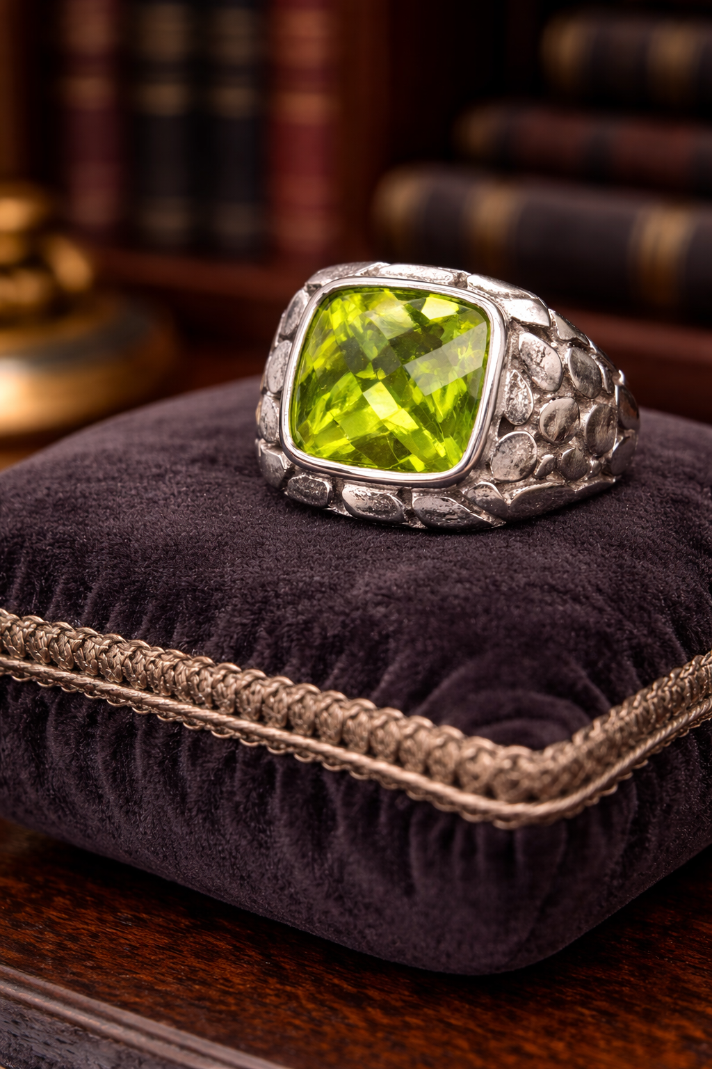 Sterling Silver Green Quartz Statement Ring Size 7 Large Cushion Cut Peridot Style Artisan Ring