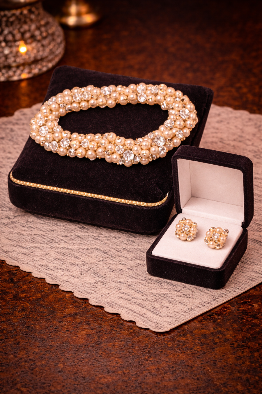 Faux Pearl and Crystal Necklace with Matching Earrings