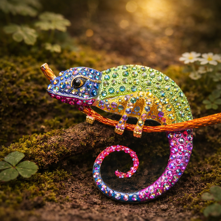 Gold-tone chameleon brooch with multicolor pavé rhinestones and curled tail on a branch