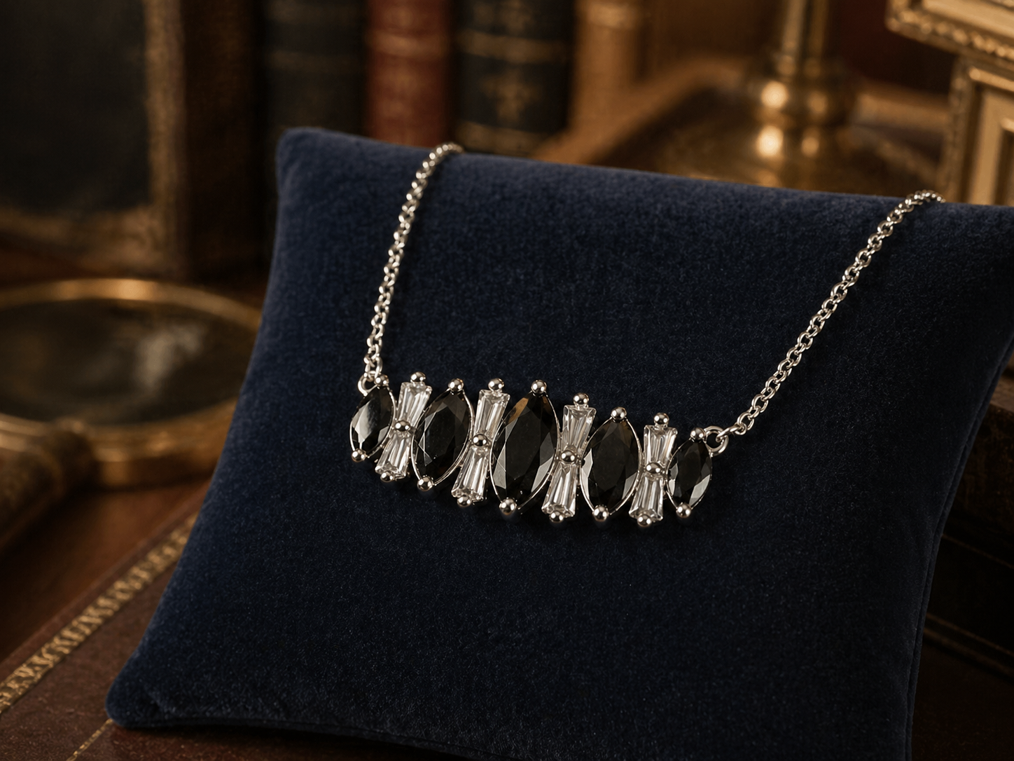 BP Black and Clear Crystal Bar Necklace Silver Tone Minimal Statement With Box
