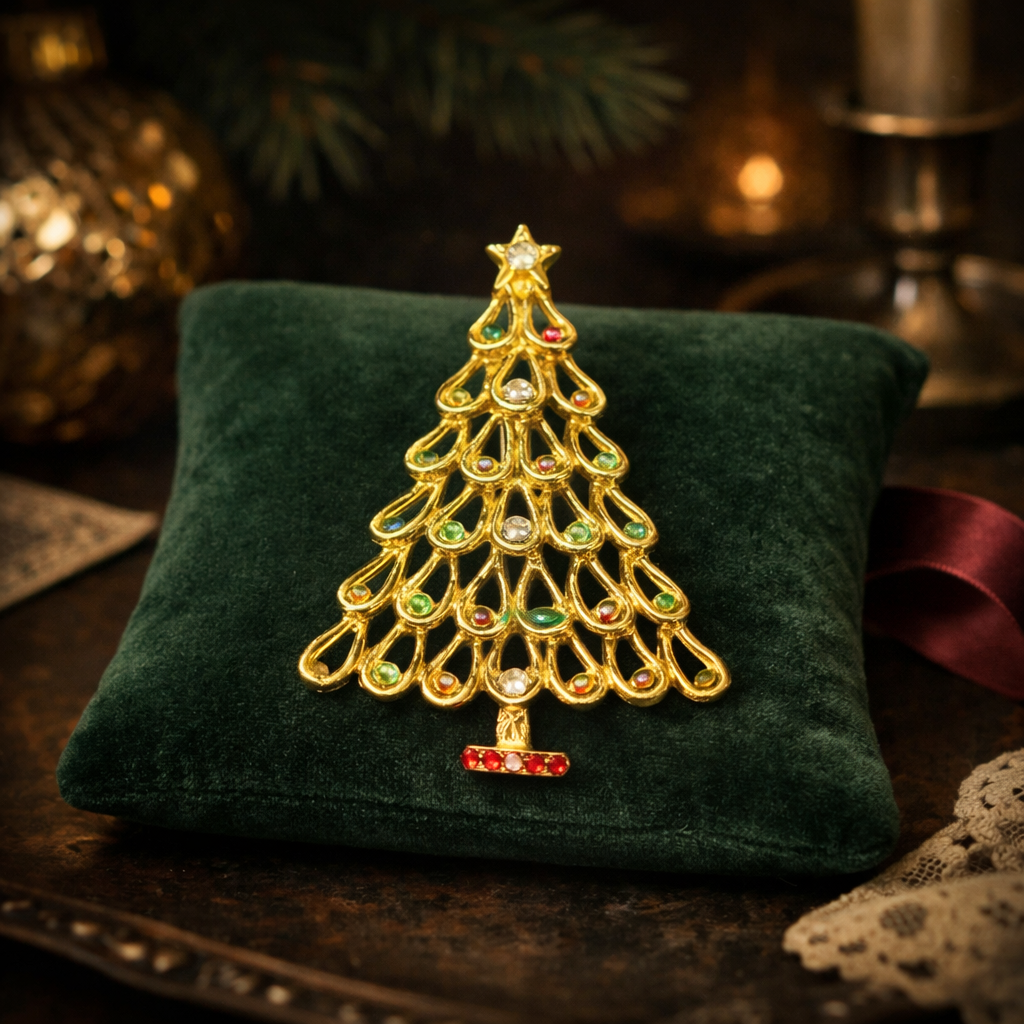 Gold-tone openwork Christmas tree brooch with red, green and clear rhinestones and star
