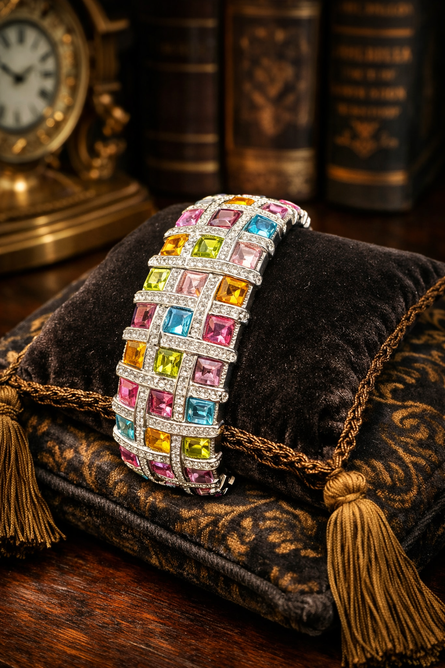 Wide Multi Color Crystal Grid Bracelet Silver Tone Statement Cuff Rainbow Rhinestone Glam Jewelry