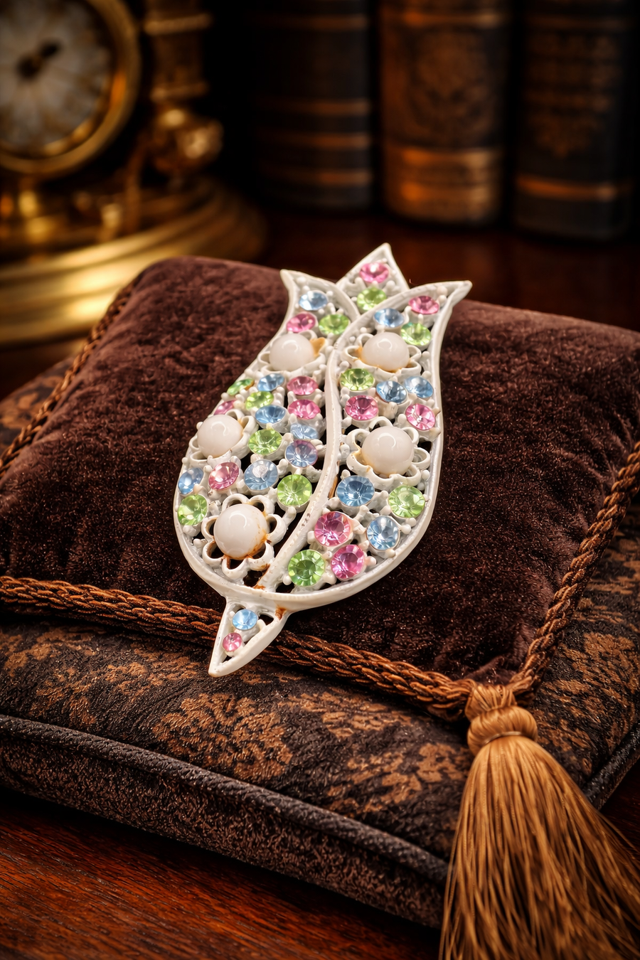 White enamel openwork tulip brooch with pastel pink, blue and green rhinestones
