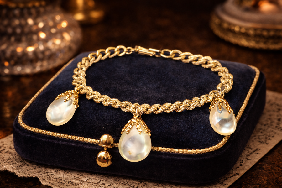 Gold-tone chain bracelet with faux pearl drop charms signed Germany