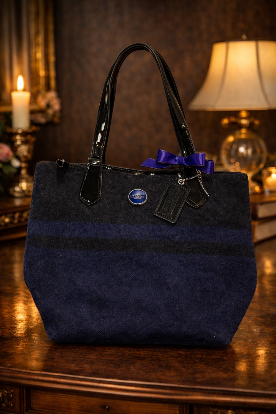 Coach blue and black wool blend tote with black patent leather handles