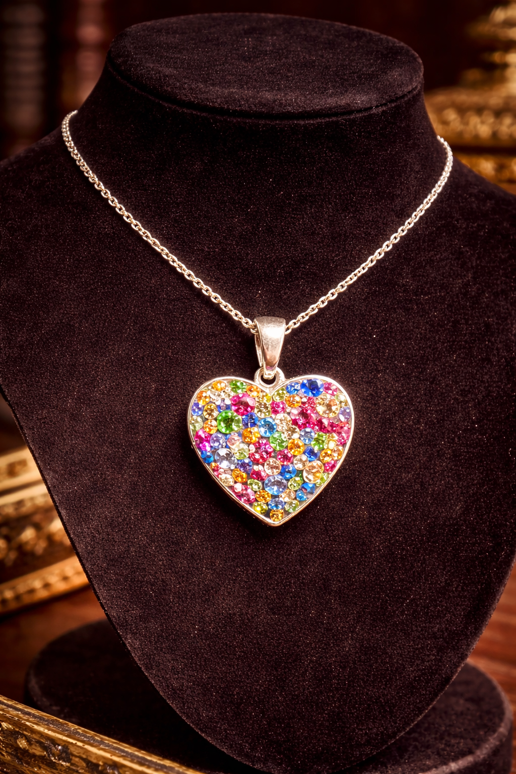 JCM Thailand Multicolor Crystal Heart Pendant Necklace Silver Tone Chain Vintage Signed Statement