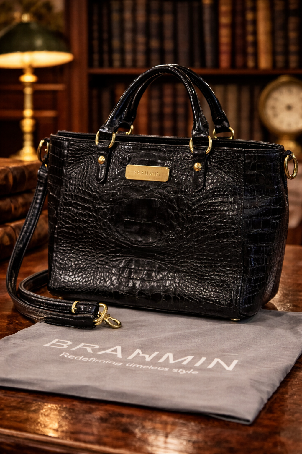 Brahmin black croc-embossed leather satchel tote with shoulder strap and dust bag