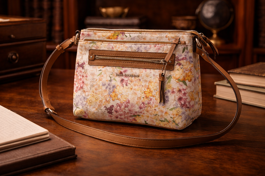 Pastel floral print crossbody bag with warm-toned trim