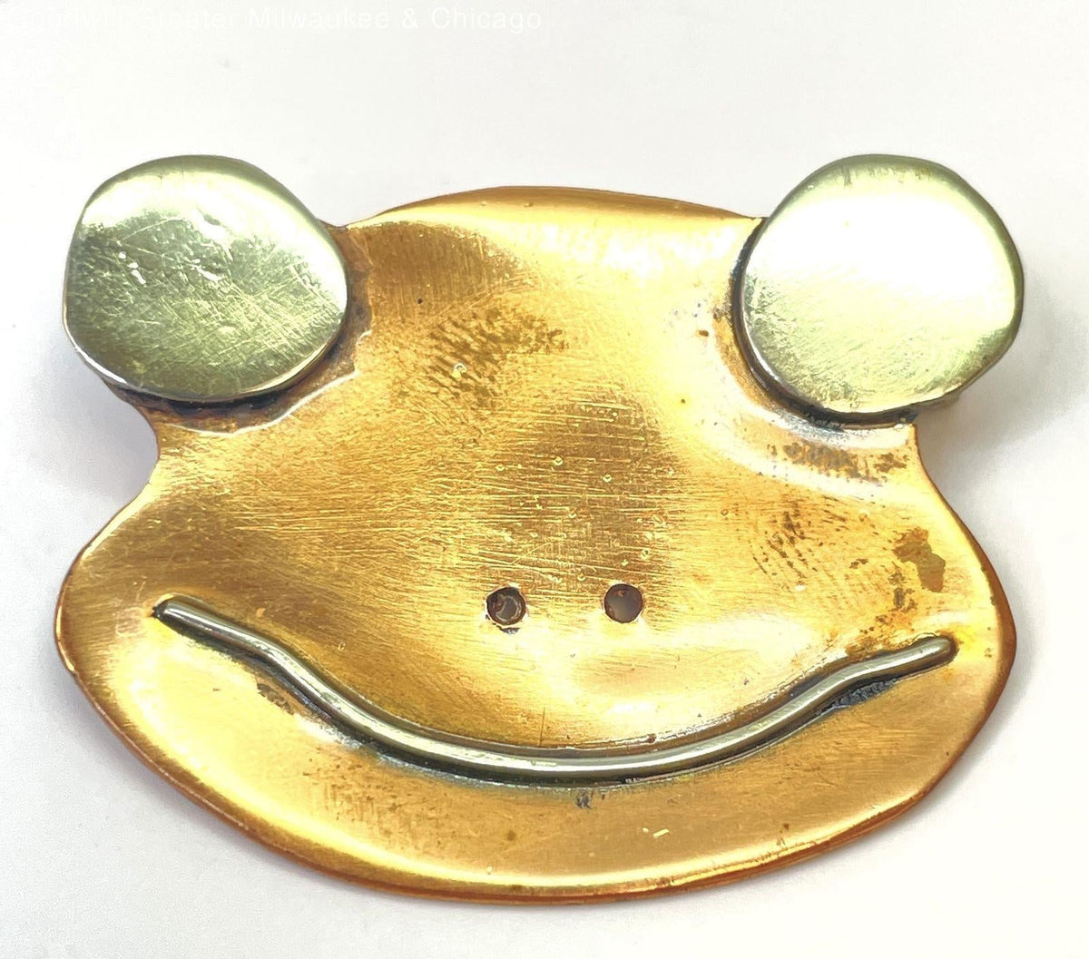 Copper-toned frog face brooch with silver-tone wire eyes and smile, view 2