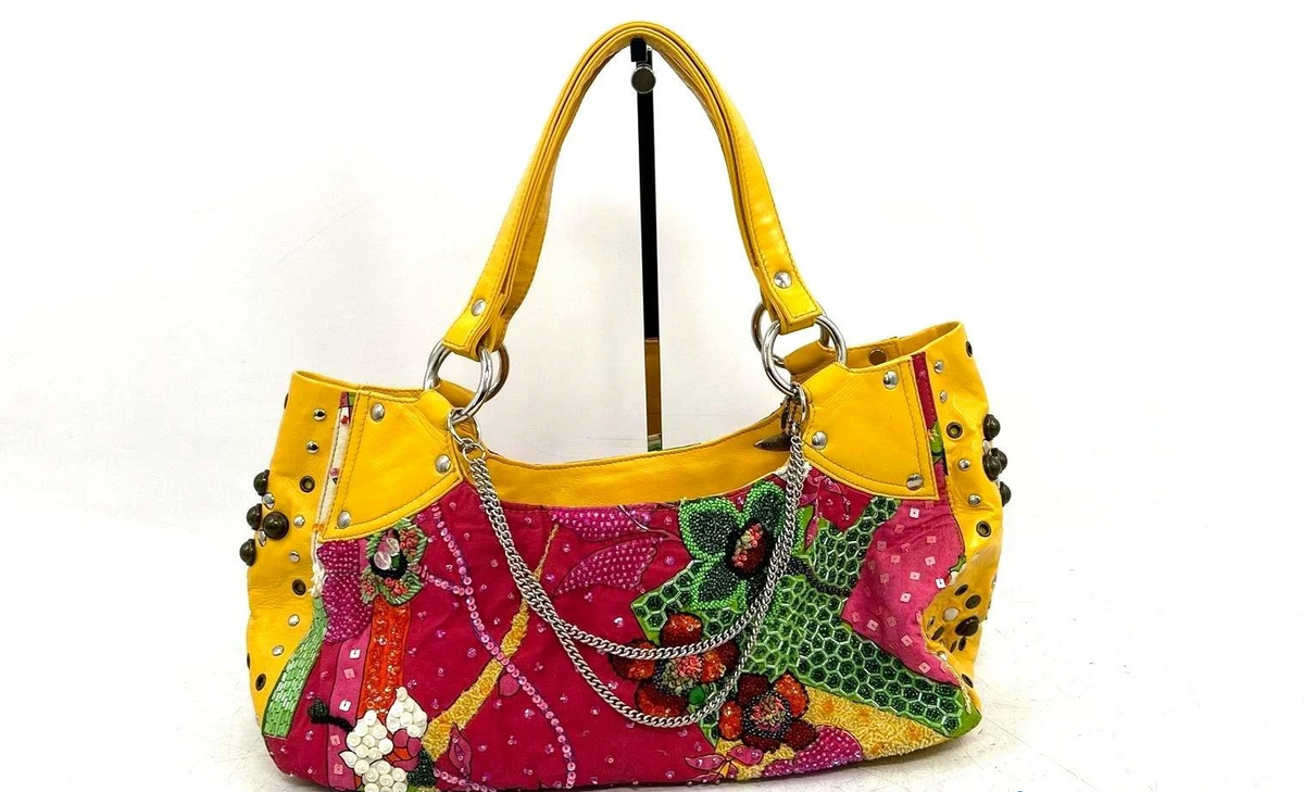 Mary Frances large multicolor beaded and sequined shoulder bag with yellow handles, view 2