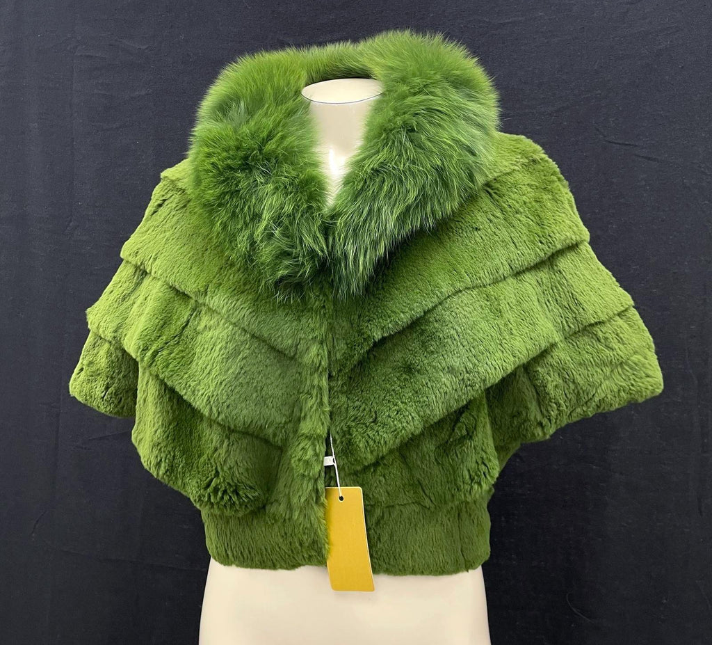 YSLR Green Genuine Rabbit & Fox Fur Collar Semi-Crop Jacket