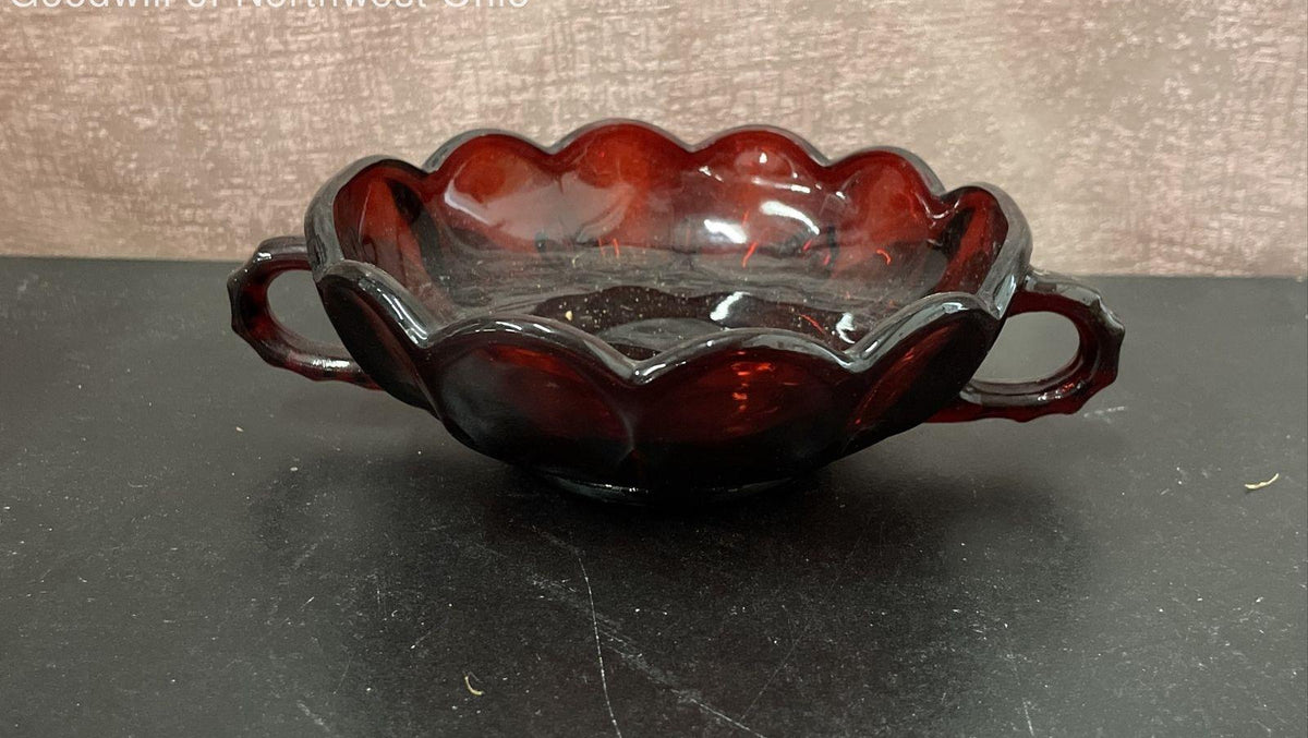 Two-handled ruby red and clear glass nappy dish with scalloped rim, view 3