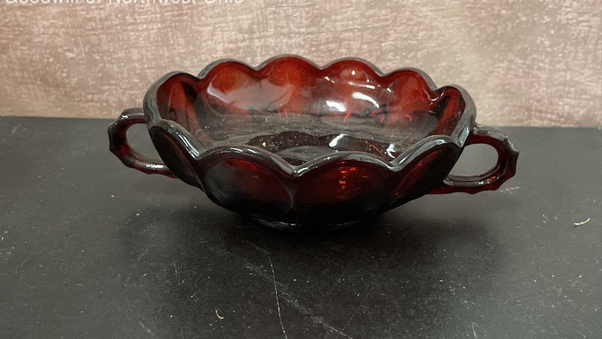Two-handled ruby red and clear glass nappy dish with scalloped rim, view 4