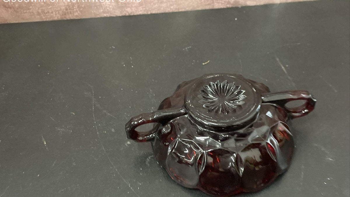 Two-handled ruby red and clear glass nappy dish with scalloped rim, view 6