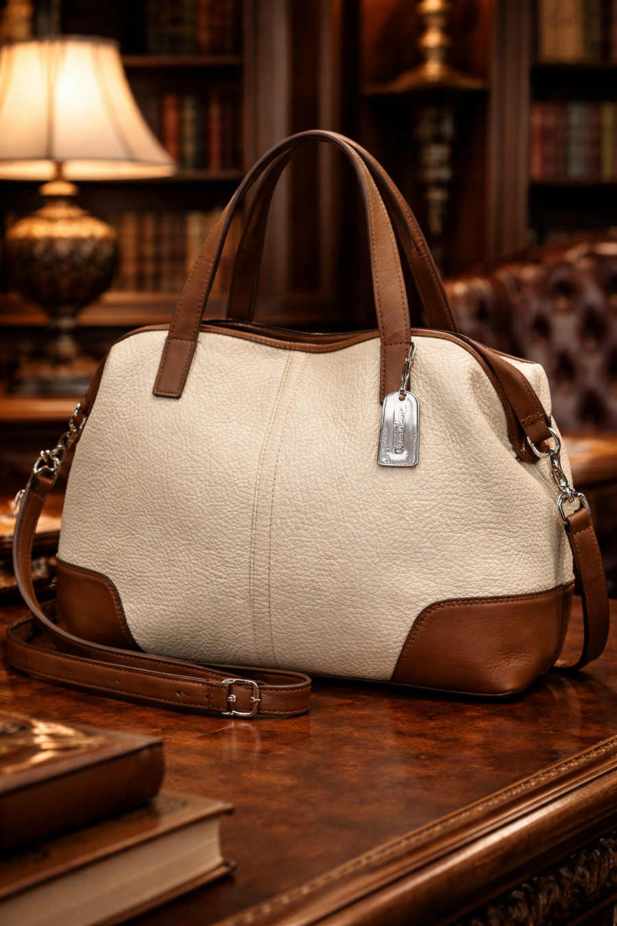 Coach cream pebbled leather satchel with tan trim and top handles
