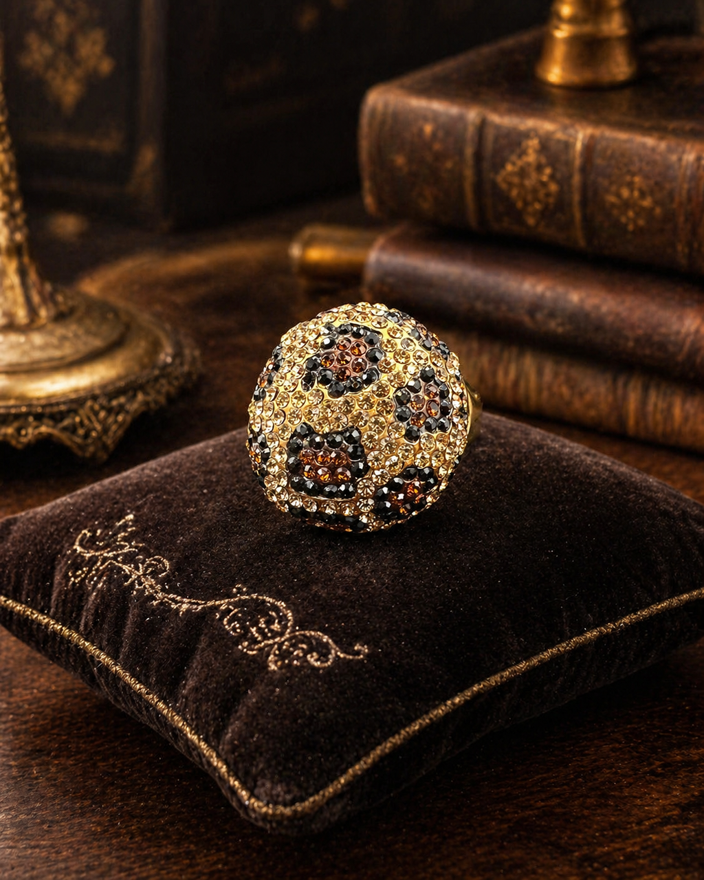 Leopard Print Crystal Dome Ring Gold Tone Pave Statement Cocktail Ring Animal Print