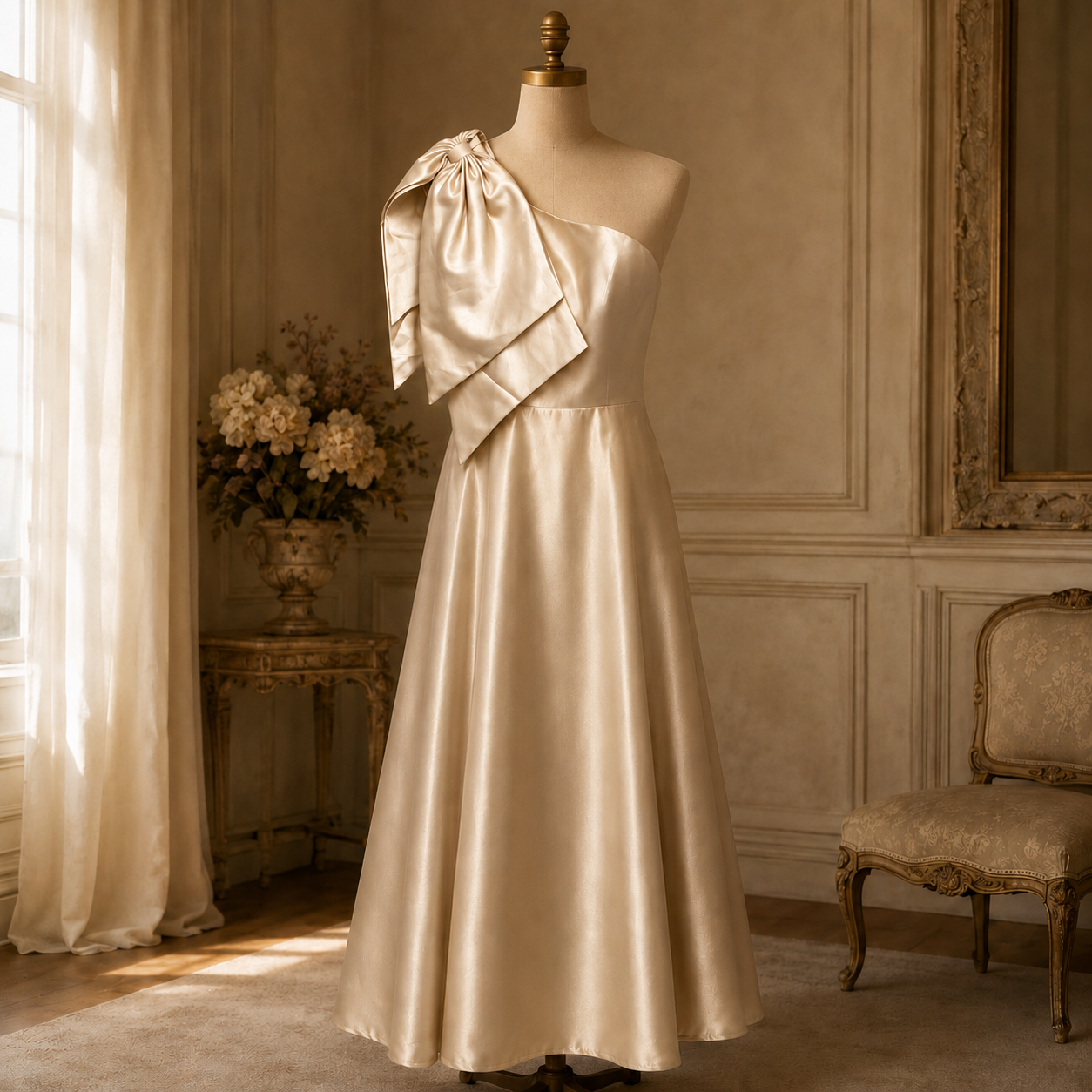 RS Champagne One-Shoulder Formal Gown Size 14 NWT | Satin Bow Evening Dress
