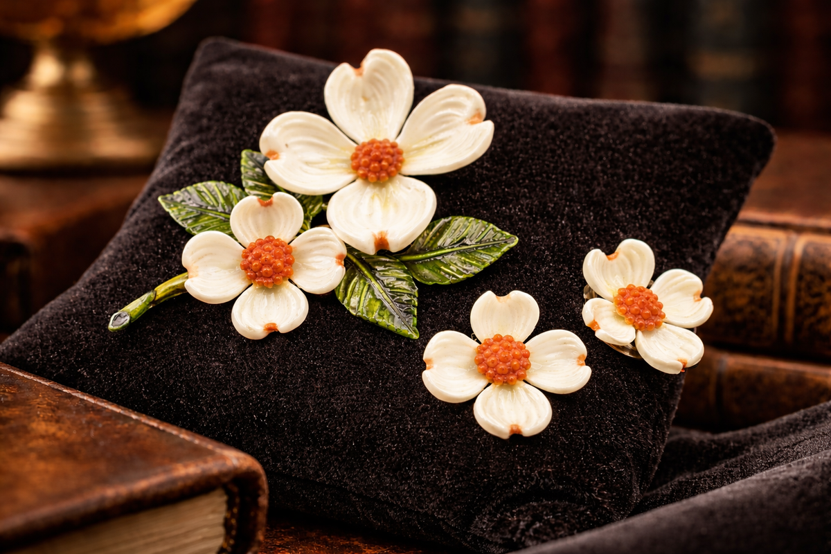 White dogwood flower brooch and clip earrings with orange bead centers and green enamel leaves