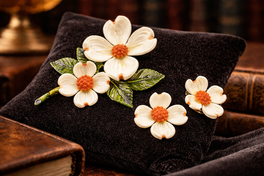 White dogwood flower brooch and clip earrings with orange bead centers and green enamel leaves