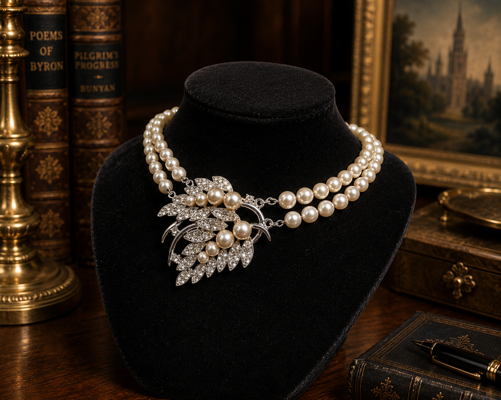Simons Pearl Style Double Strand Necklace Silver Tone Leaf Pendant