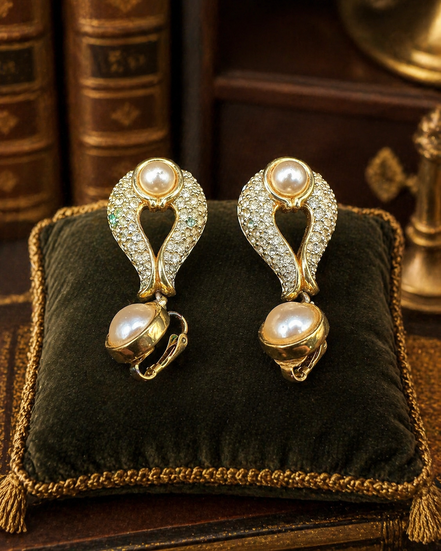 1970s–1980s Swarovski SAL Gold Tone Faux Pearl Crystal Clip On Earrings Pave Statement Signed