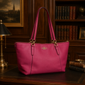 Coach Fuchsia Pink Leather Tote Handbag with Gold Tone Hardware | Everyday Shoulder Carryall