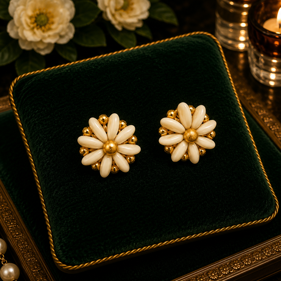White daisy clip earrings with gold-tone centers and bead trim