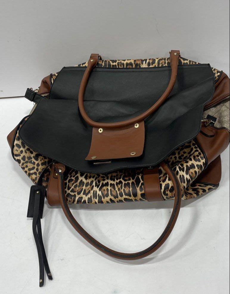 Leopard print vegan leather weekender bag with brown trim and black base, view 3