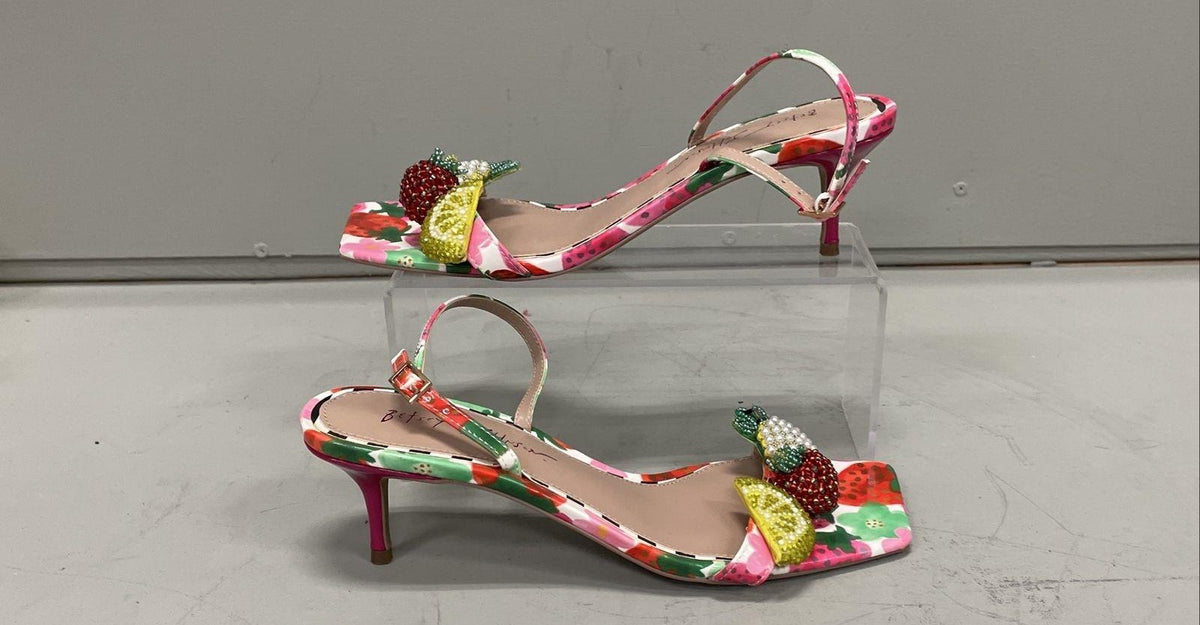 Colorful fruit print kitten heel dress sandals with slim ankle straps and pink heels, view 2