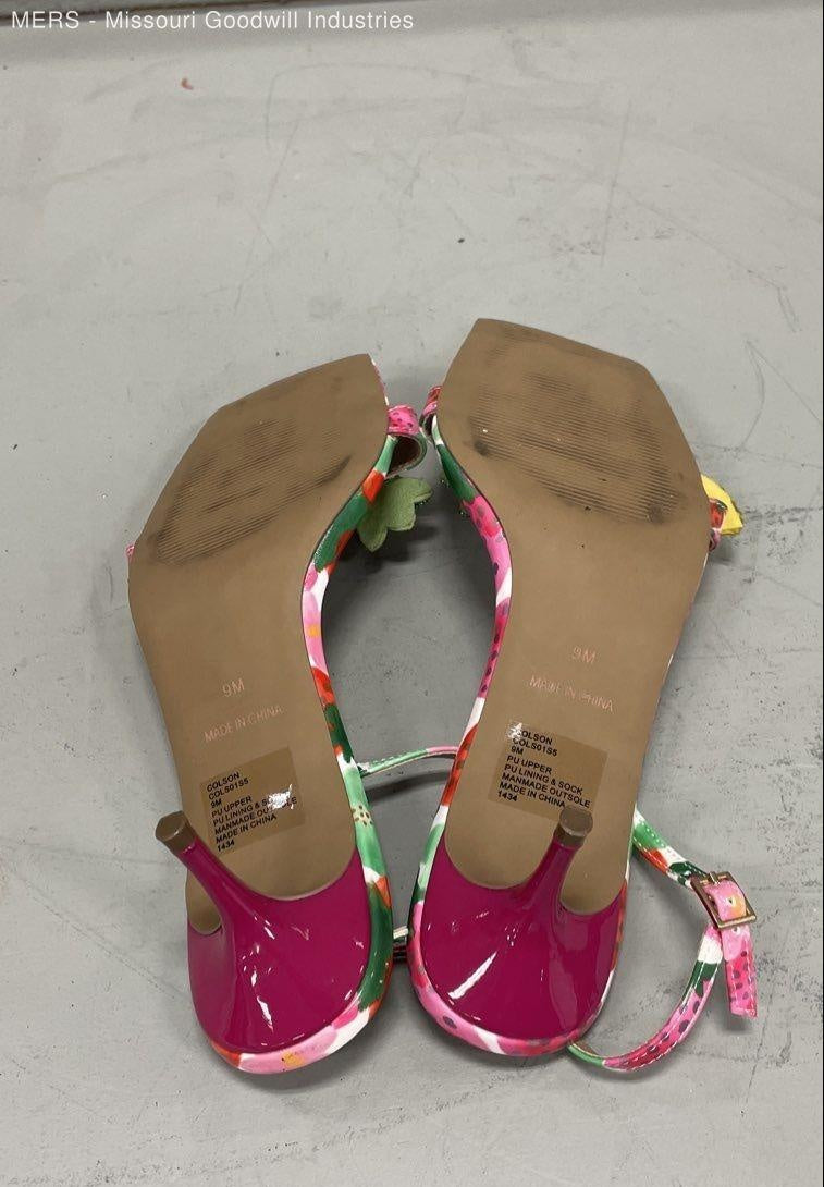 Colorful fruit print kitten heel dress sandals with slim ankle straps and pink heels, view 3